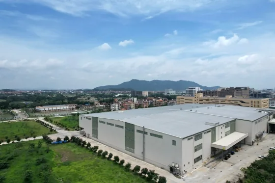 Aerial view of the production site and surrounding green belt