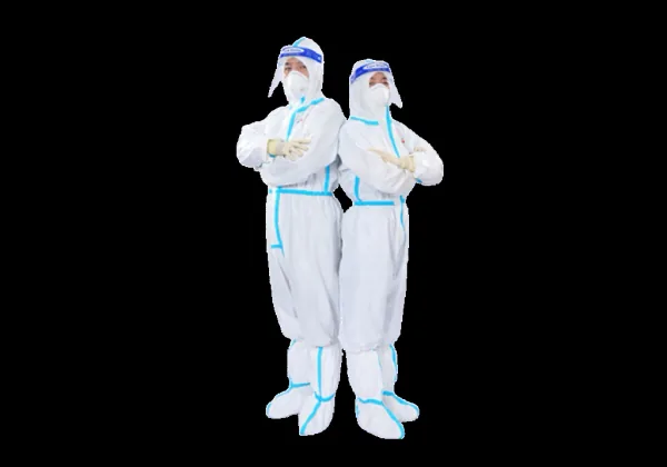 Disposable protective coveralls, front and back view