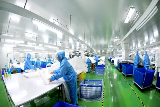 Surgical gown production workshop with sewing lines